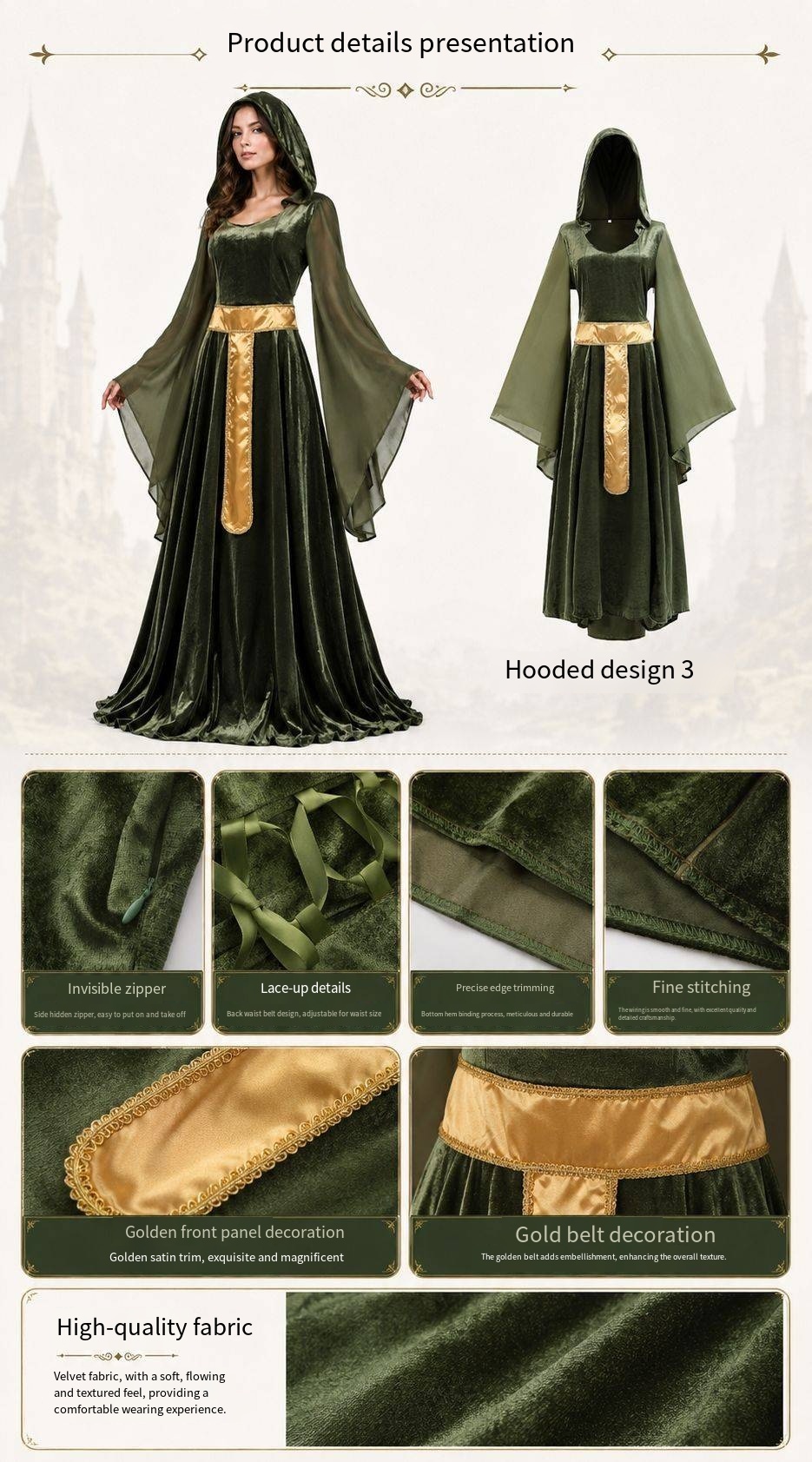 Women Medieval Hooded Dress Vintage Renaissance Witch Costume